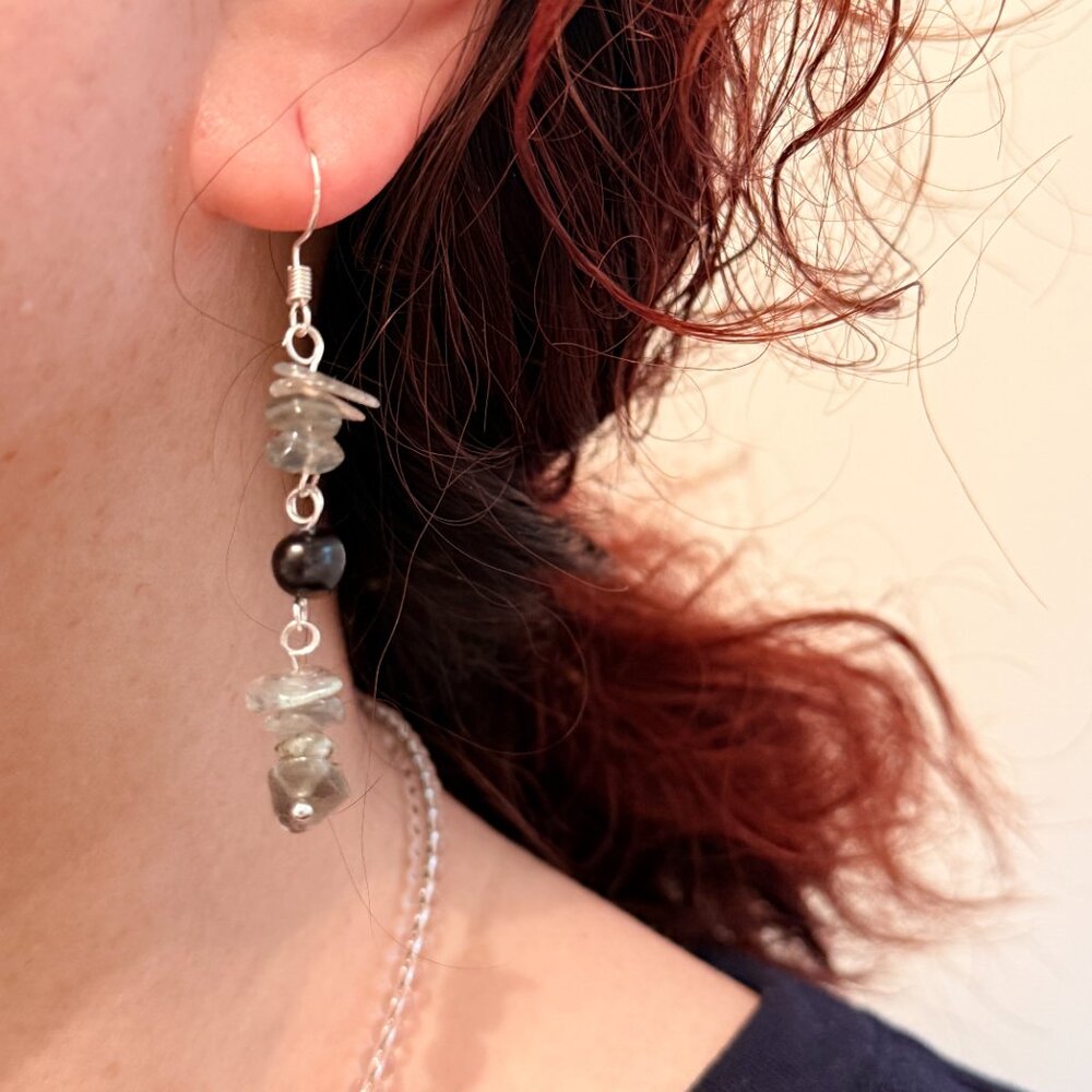 Labradorite & Freshwater Pearl Earrings, Natural Stone Dangle Earrings, Handmade - Picture 3 of 6